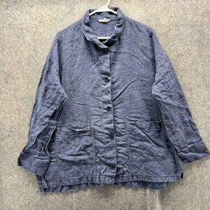 Eileen Fisher Jacket Womens Small Blue Organic Linen Button Front Pockets Topper